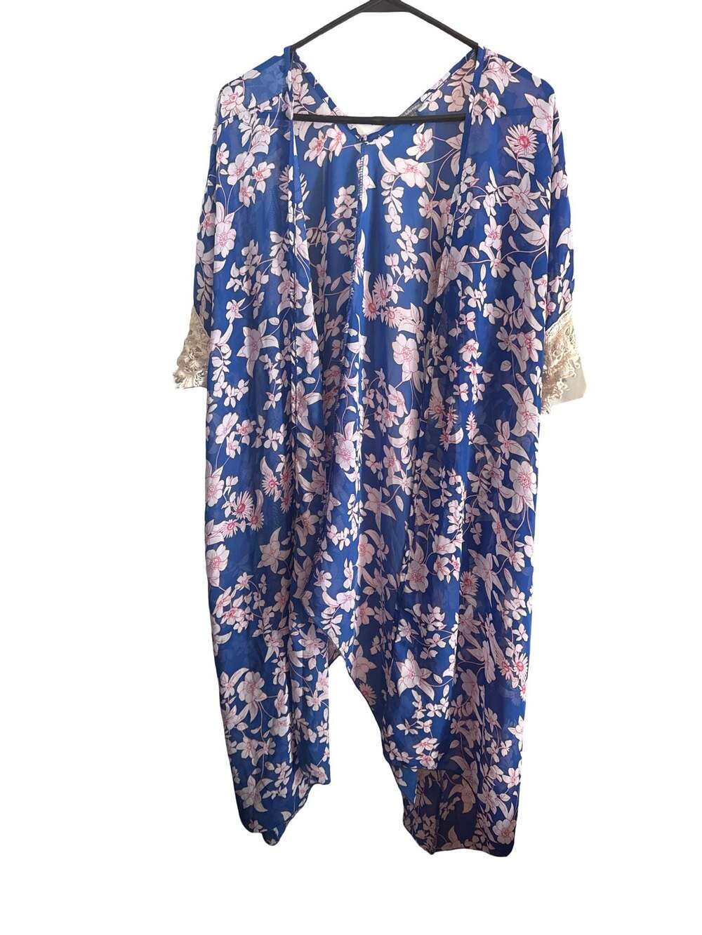 Charlotte Russe Blue Floral Chiffon Duster Kimono with Crochet Lace Sleeves Size